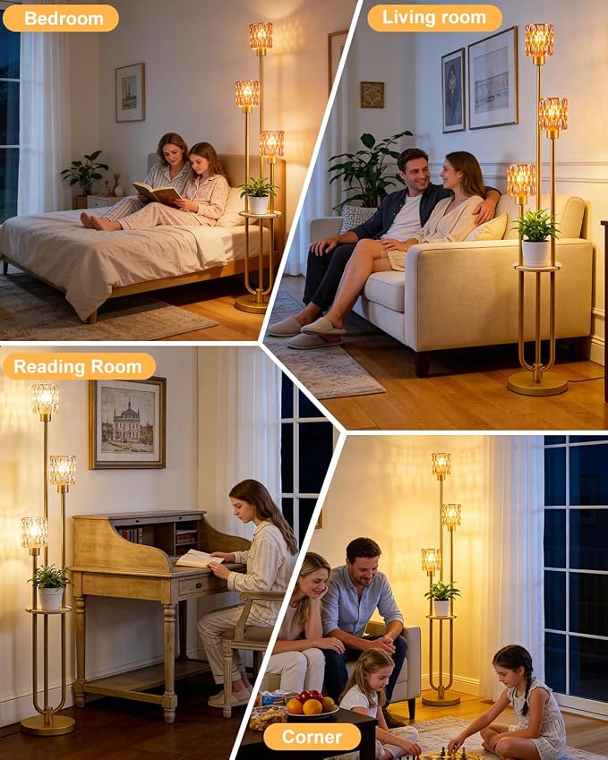 Lightdot 3-Lights Glass Floor Lamp for Living Room Modern Gold Floor Lamp with Amber Glass Shade for Wedding/Party Farmhouse Tall Standing Lamp with 5Lb Heavy Base for Bedroom/Sofa Beside/Corner Decor