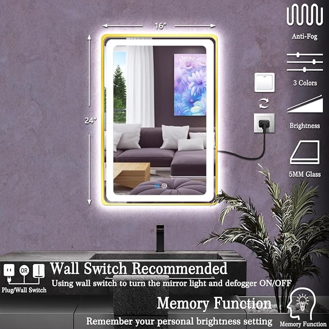 16 x 24 Inch Bathroom Gold Vanity Mirror with Lights Gold Frame Lighted Mirror for Bathroom Wall Tabletop Makeup Mirror with Lights AntiFog 3 Color Dimmable Gold Framed Smart Light up Mirror