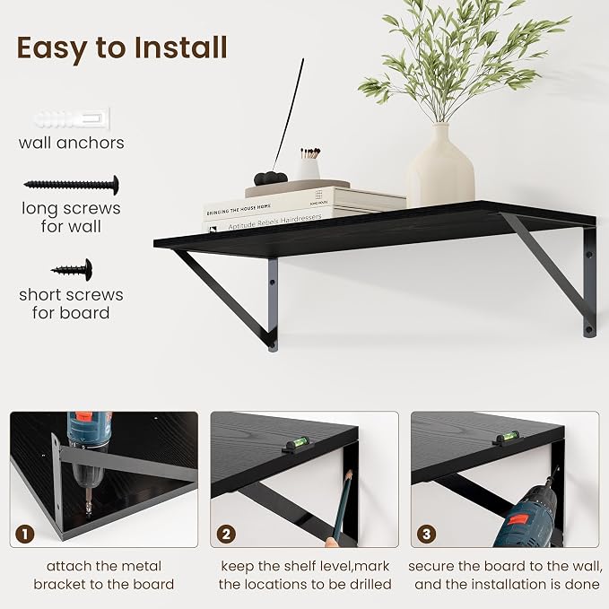 Fun Memories Deep Floating Shelves for Wall, 24W x 8D Wall Mounted Shelves Set of 2, Wide Display Ledge Shelf with Sturdy Metal Brackets for Living Room, Bathroom, Bedroom and Kitchen, Black