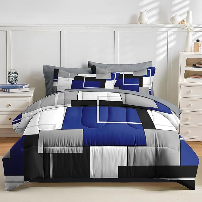 Nesker Comforter Set King Size, Blue Black Geometric 7 Pcs Bedding for Kids and Adults, Grey Abstract Modern Bed Sheet Sets with Fitted Sheet 2 Pillowcases & 2 Shams