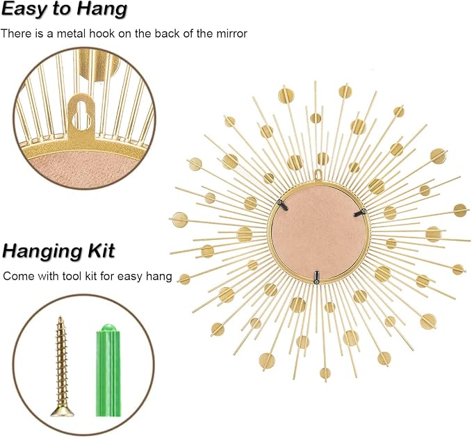 Gold Sunburst Mirror for Wall Decor Metal Sun Wall Mirror Decorative with Crystal Diamond for Living Room Bedroom Entryway Large Circle Mid Century Modern Starburst Wall Hanging 24 Inch