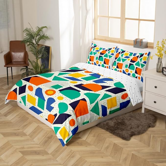 Retro 80s Style Bedding Set Twin,Abstract Geometric Pattern Duvet Cover Urban Modern Design with Circles and Triangle Comforter Cover Colorful Pop Art Inspired Pattern Quilt Cover for Boys Child