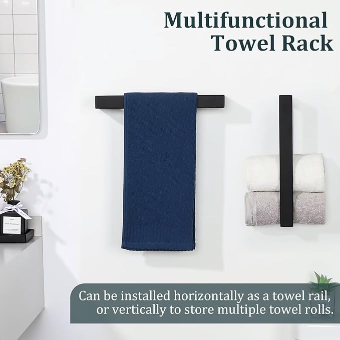 Sayayo Matte Black Towel Bar for Bathroom, 12 Inch Hand Towel Holder Wall Mount, Screw or Self Adhesive Towel Ring Square SUS304 Stainless Steel, 3.2 Inch Wide