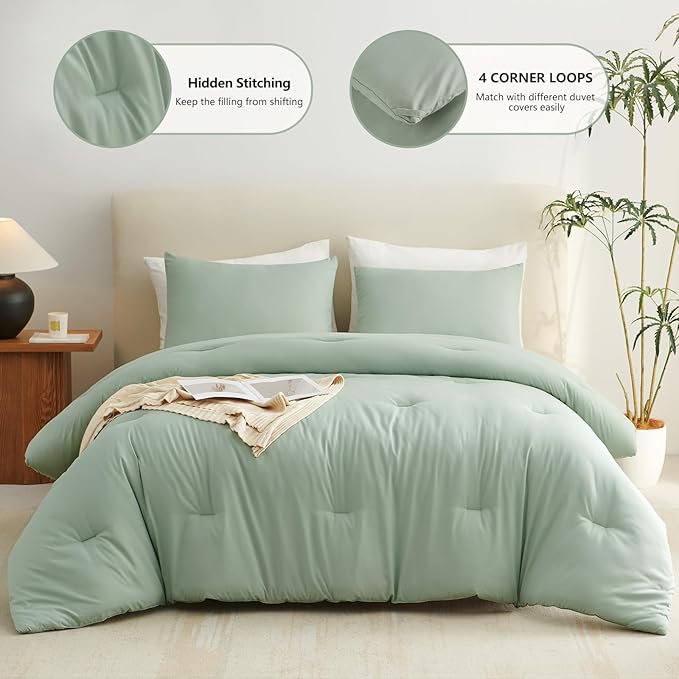CozyLux Twin Comforter Set College Dorm Essentials, 2 Pieces Sage Green Twin Extra Long Solid Bedding Set, Twin XL Bed Set with Down Alternative Comforter and 1 Pillowcase, Back to School Room Gift