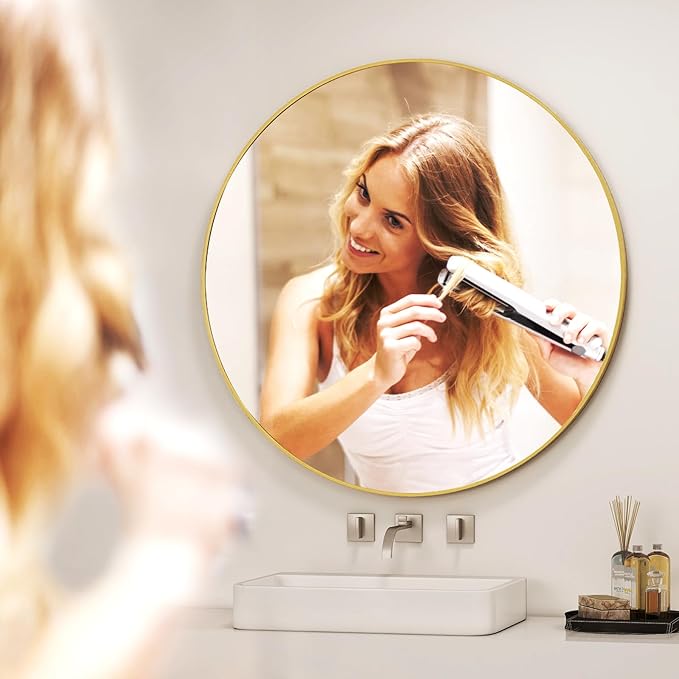36 Inch Round Bathroom Mirror - Gold Wall Mounted Circle Mirror with Metal Frame, Modern Round Hanging Mirror Suitable for Bathroom, Vanity, Entryway, Living Room