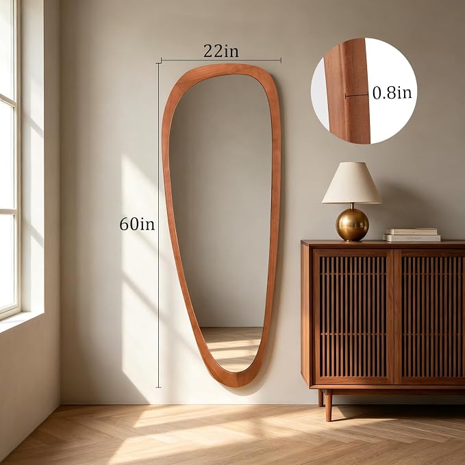 HOMECOOKIN 60" H x 22" W Asymmetrical Mirror Full Length, Irregular Wooden Wall Mirror for Bedroom, Living Room,Entryway– Boho Mid-Century Modern Decorative Mirror, Solid Wood Frame(Walnut)