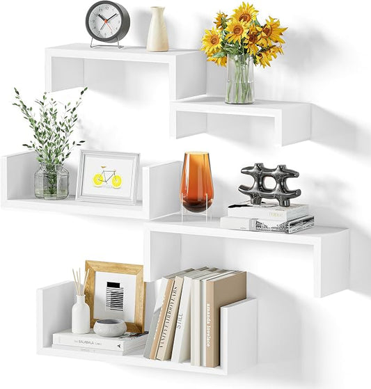 SRIWATANA Floating Shelves for Wall, Wall Shelves for Bathroom, Bedroom, Living Room, Kitchen, Office, Wood Shelves for Home Decor Set of 5 (Washed White)