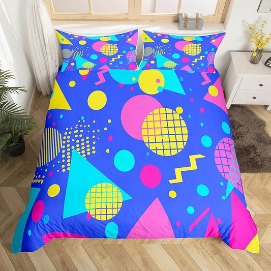 80s Bedding Set Memphis Pattern Old Fashion Comforter Cover,Vintage 90s Memphis Style Duvet Cover Abstract Geometric Pattern Retro Bed Set Full,Rainbow Urban Modern Circles Triangle Room Decor