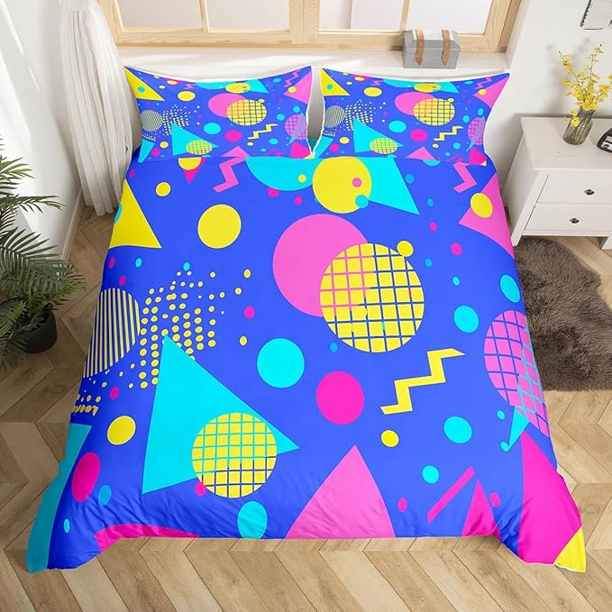 80s 90s Bedding Set Memphis Pattern Old Fashioned Comforter Cover King,Geometric Abstract Colorful Dots Funky Duvet Cover Retro Bed Set,Multicolor Vintage Rainbow 80'S Style 1980S Home Decor,Blue