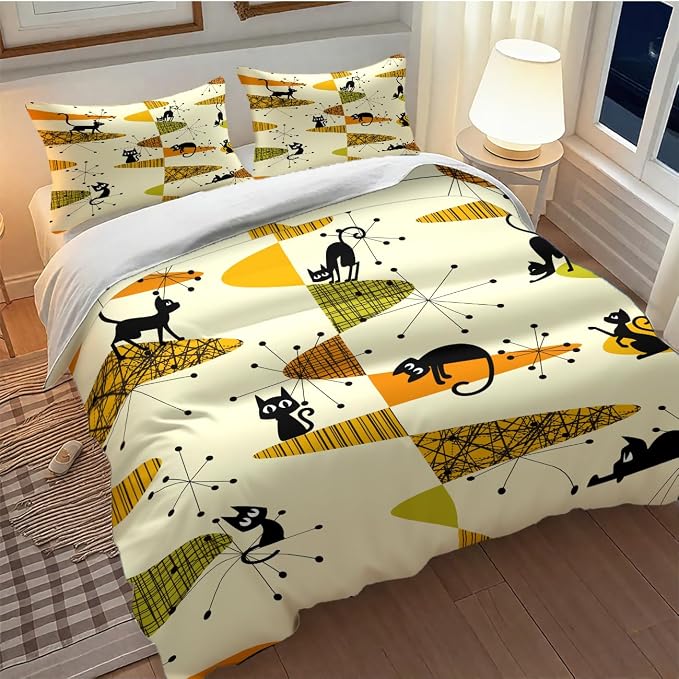 Geometry Modern Comforter Set,Mid Century Black Cat Abstract Atomic Geometric Vintage 1950s 1960s Pattern Print Yellow Bedding Set with Pillowcase for Bedroom Bed Decor,King 102"x90"