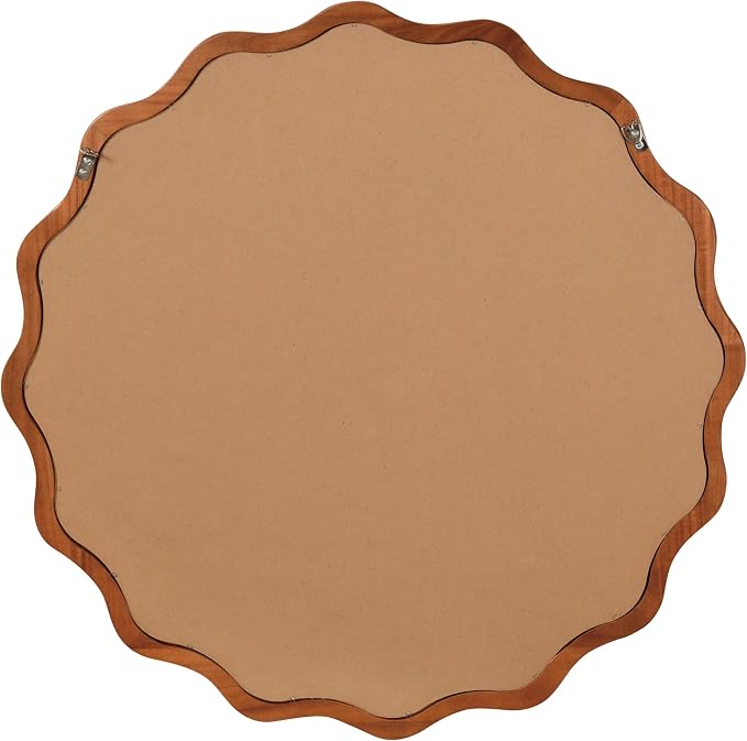 30 Inch Wooden Wavy Round Wall Mirror, Modern Solid Wood Frame Circle Decorative Accent Mirror for Bedroom, Bathroom, Living Room, Entryway, Yellowish Brown