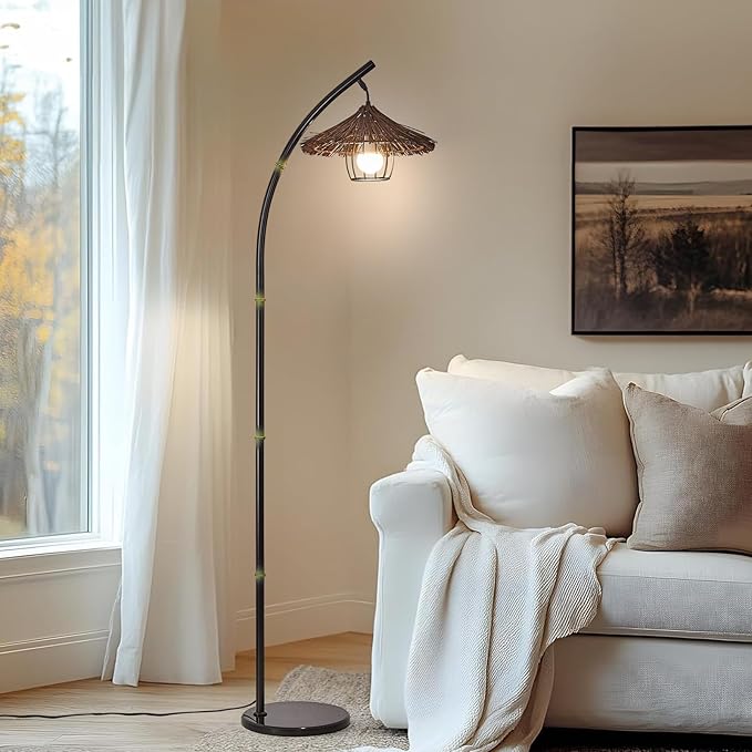 beaysyty Bamboo Floor lamp Mid Century Rattan Retro Floor lamp Bohemian,Arc Floor Lamps for Living Room Tall Reading Lamps Antique Rattan Style for Bedroom Dining Room Farmhouse Study (Purple)