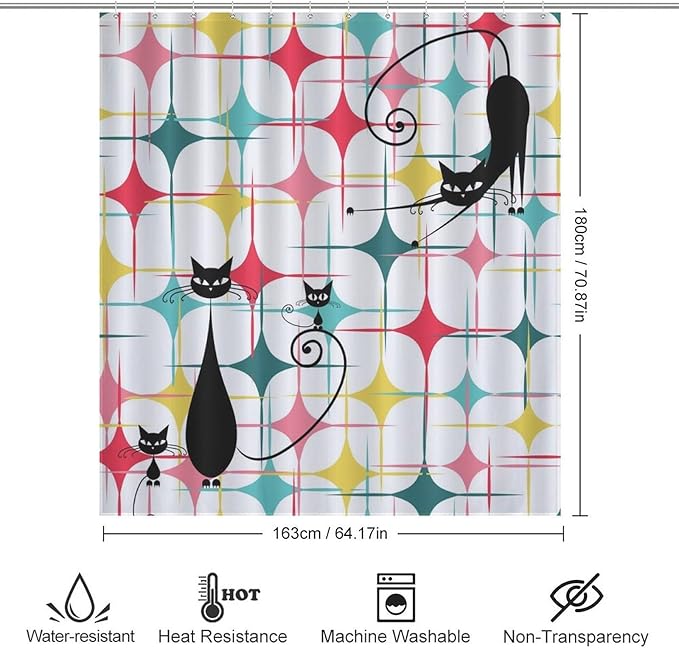 Mid Century Black Cat Shower Curtain,Retro Atomic Stars Abstract Iconic 60s Vintage Geometric Fabric Bathroom Decor Curtain with Hooks 66x72in（168x183cm）