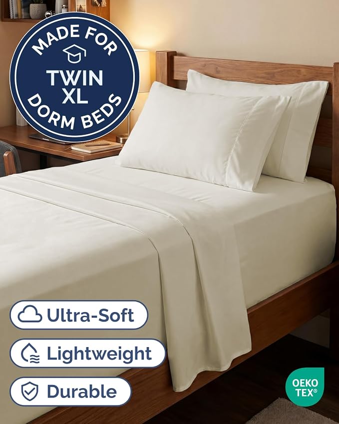 Extra Deep Twin XL Sheet Set - 4 Piece College Dorm Bed Sheets Set with Extra Deep Pockets - Ultra-Soft, Comfy & Breathable Bedding for Women, Men, Kids & Teens - Wrinkle & Fade Resistant - Off White