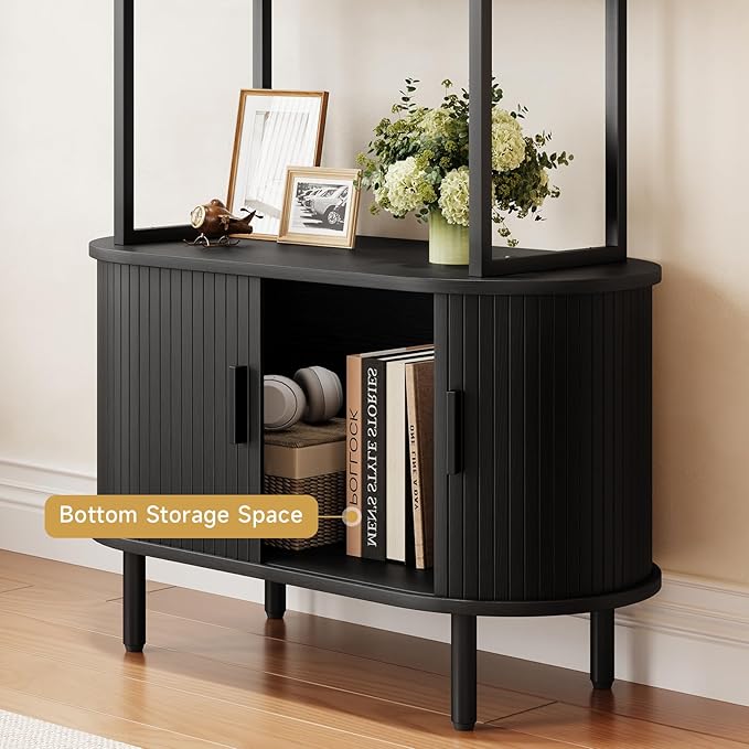 4 Tier Tall Bookshelf with Cabinet, Fluted Bookcase with Sliding Door, Metal and Wood Display Shelf, Free Standing Storage Shelving Unit, Corner Storage Organizer for Living Room, Home Office, Black