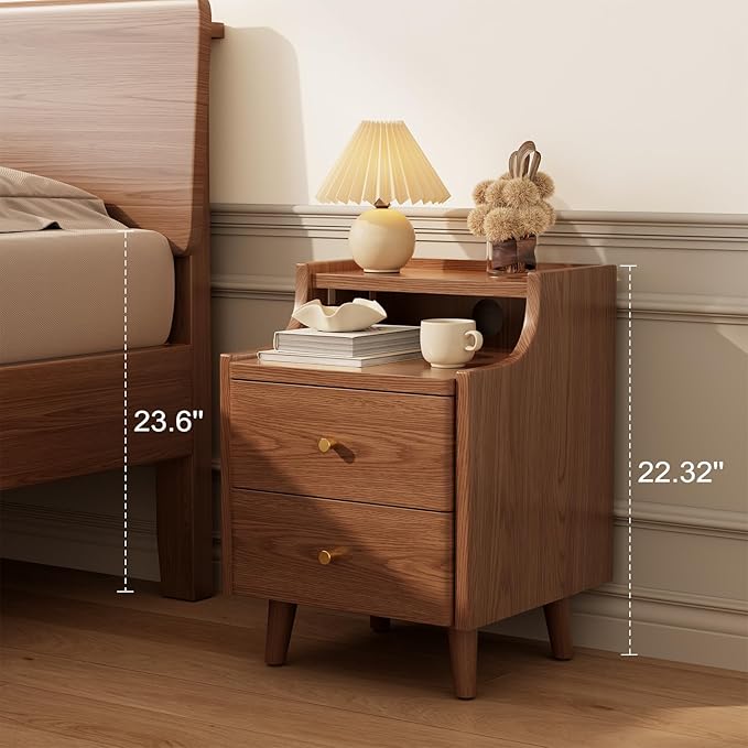 Narrow Nightstand with 2 Drawers,Walnut Nightstand,Bedside Table,Solid Wood Modern Bedside Table for Bedroom,Study,Toilet