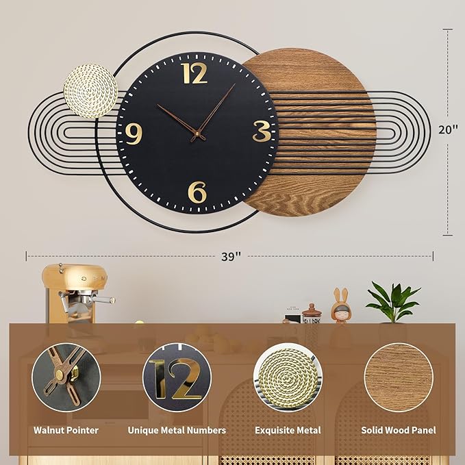 39X20 inch Extra Large Wall Clock - Modern Wood and Metal Decorative Clocks for Living Room, Battery Operated Big Clocks,Silent Non Ticking Hanging Clock for Home Office Wall Art
