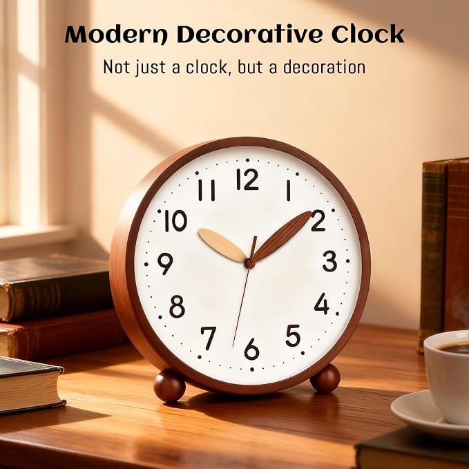 Maxspace Wooden Table Clock,8in Silent Non-Ticking Desk Clock,Battery Operated Desktop Analog Clock for Living Room Bedroom Kitchen Office Classroom Decor (Walnut - White)