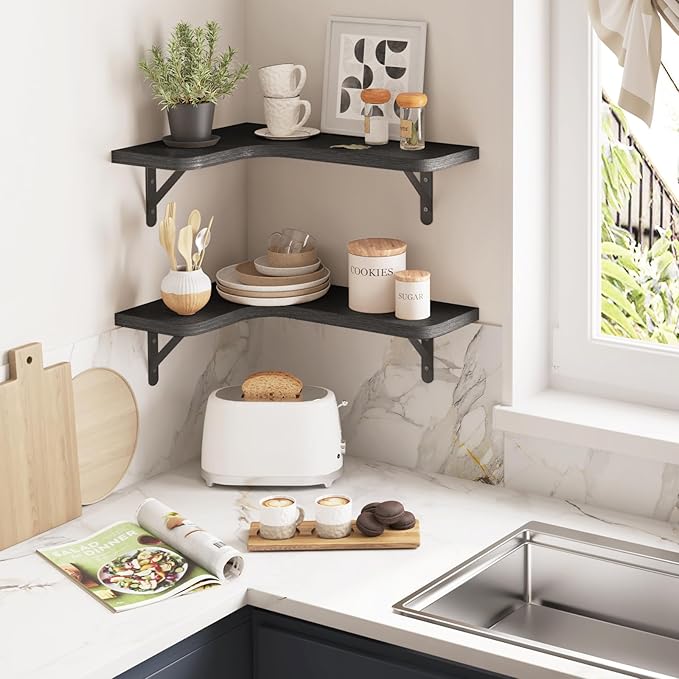 YGEOMER Corner Floating Shelves, Wall Mounted Corner Shelf for Bathroom, Kitchen, Bedroom, Home Decor, Laundry Room, Living Room(Set of 4 Black)