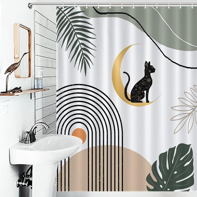 Boho Black Cat Shower Curtain Abstract Mid Century Modern Moon Green Leaf Geometric Mystic Waterproof Shower Curtains for Bathroom Decor 12 Pack Hooks 55x72in（140x183cm）
