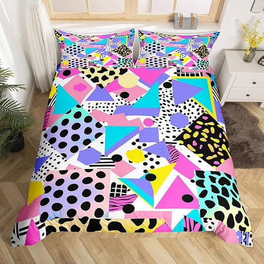 80s 90S Fashion Style Bedding Set Twin Size,Retro Memphis Style Pattern with Geometrical Shapes Duvet Cover for Kids Child,Funky Hipster Old Fashioned Comforter Cover Geometric Bedroom Decor