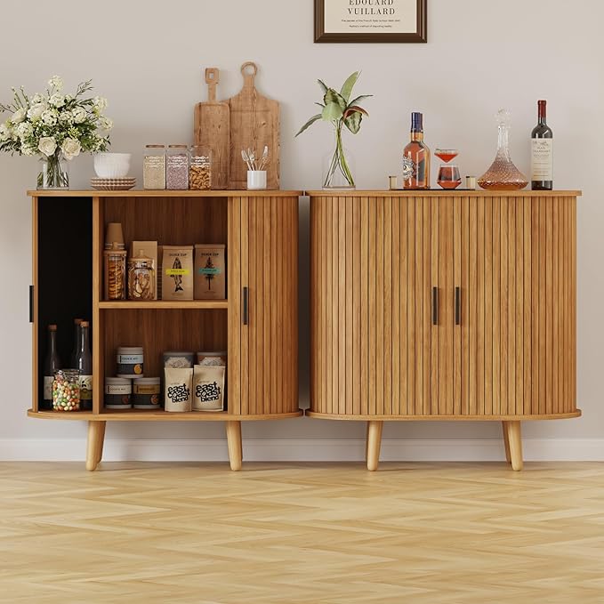 31.5" Fluted Sideboard Buffet Cabinet with Tambour Storage Oval Curved Accent Console Table for Dining Room Kitchen Living Room (Natural)