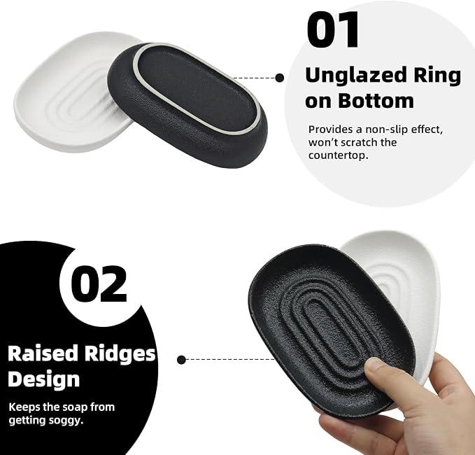 Ceramic Soap Dishes for Bar Soap- Matte White Textured Finish Bar Soap Holder for Bathroom Kitchen Sink & Shower - Easy to Clean Simple Oval Soap Dish Soap Tray for Soap Bars, Sponges, Jewelry