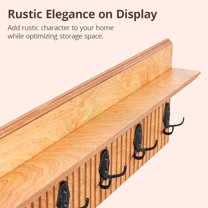 Rustic Wall Mounted Coat Rack with Shelf Wooden Entryway Organizer with 5 Metal Hooks for Coats Hats Towels Keys Floating Storage Shelf for Bathroom Bedroom (Oak, 40 inch Striped (4 Hooks))