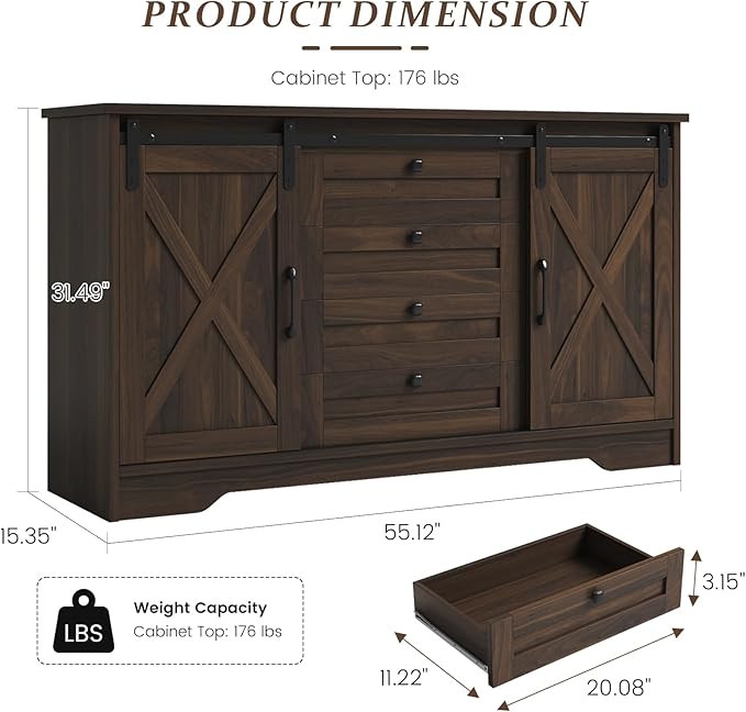Luoxiao 55" Farmhouse Sideboard Buffet Cabinet with Storage, Sliding Barn Door Coffee Bar Cabinet with 4 Drawers and Adjustable Shelves, Wood Kitchen Credenza for Dining Room, Living Room, Dark Oak