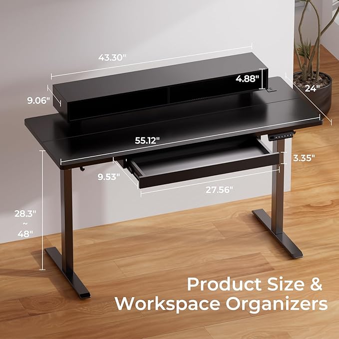 GTPLAYER Electric Standing Desk with Drawers, 55 x 24 Inch Height Adjustable Gaming Desk with Monitor Stand, Power Outlets & LED Lights, Home Office Sit Stand Up Desk with Memory Preset (Black)