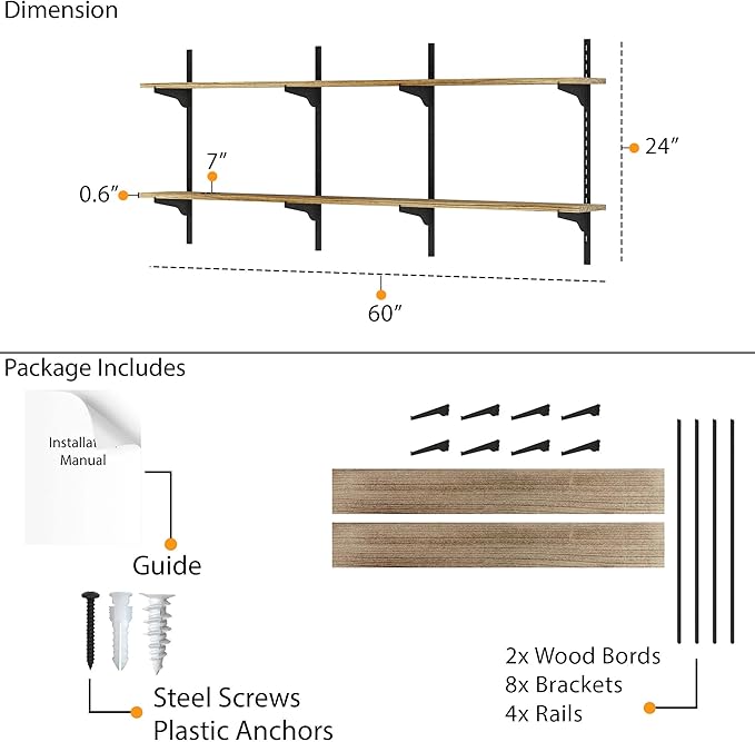 Wallniture Turin 60 Inch Floating Shelf, Adjustable Wall Shelves, Wood Shelving, Wooden Floating Shelves, Wall Mounted Bookshelf, Storage for Living Room, Kitchen, Office, 2 Tier, Burnt Finish