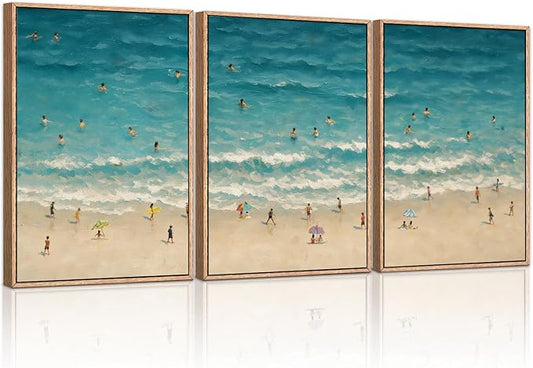 HLNIUC Summer Beach Canvas Wall Art,Modern Minimalist Coastal Landscape Wall Decor Set of 3(16”x24”) Blue Abstract Ocean Painting, Summer Swimming in the Sea Art Print for Living Room,Bathroom