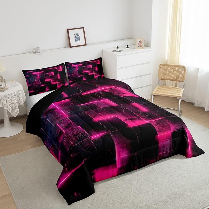 Black Hot Pink Abstract Comforter Full Gradient Square Full Bedding Set, Grid Down Comforter Neon Checkered Bed Set Glowing Plaid Quilted Duvet 3D Modern Bedroom Decor 3pcs (Black Reversible)