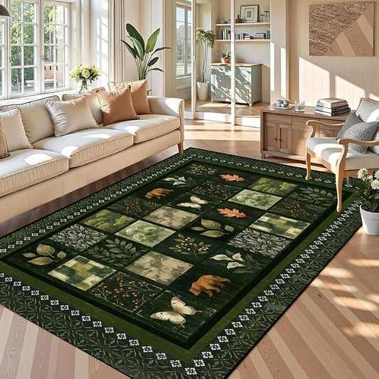 6'x9' Vintage Green Botanical Area Rug Non-Slip Washable Nature Patchwork Carpet Boho Floor Mat Rugs for Bedroom Living Room Nursery Kitchen Playroom Home Decor