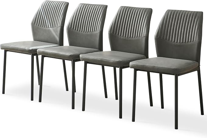 Dining Chairs Set of 4, PU Leather Dining Room Chairs, Comfortable Upholstered Kitchen Chair with Black Metal Legs for Living Room, Dining Room, Dark Grey
