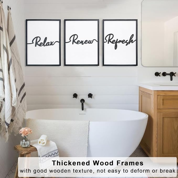 3D Wood Wall Art, 36" x 16" Framed Black and White Decor, 3D Bathroom Pictures for Wall Decor (Ready to Hang, Set of 3, Framed)