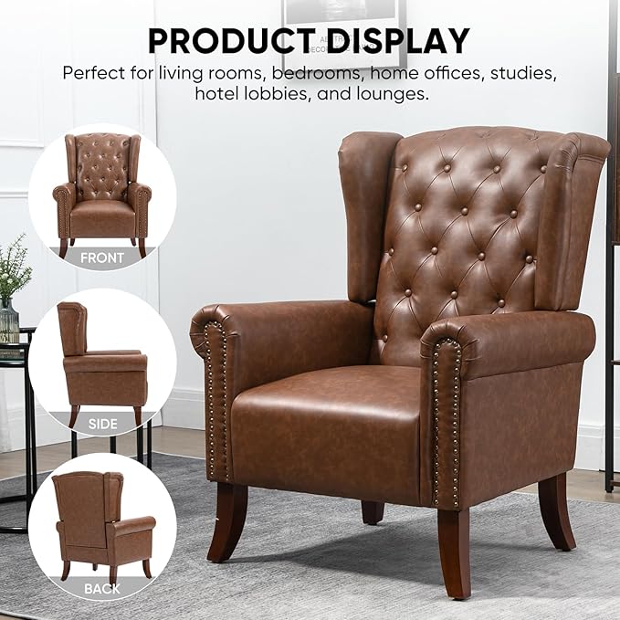 MOJAY Mid-Century Modern Living Room Chairs Set of 2, Upholstered Faux Leather Accent Chairs Club Arm Chair, Single Sofa Chair with Solid Wooden Legs for Bedroom Study Home Office Lounges (Brown)