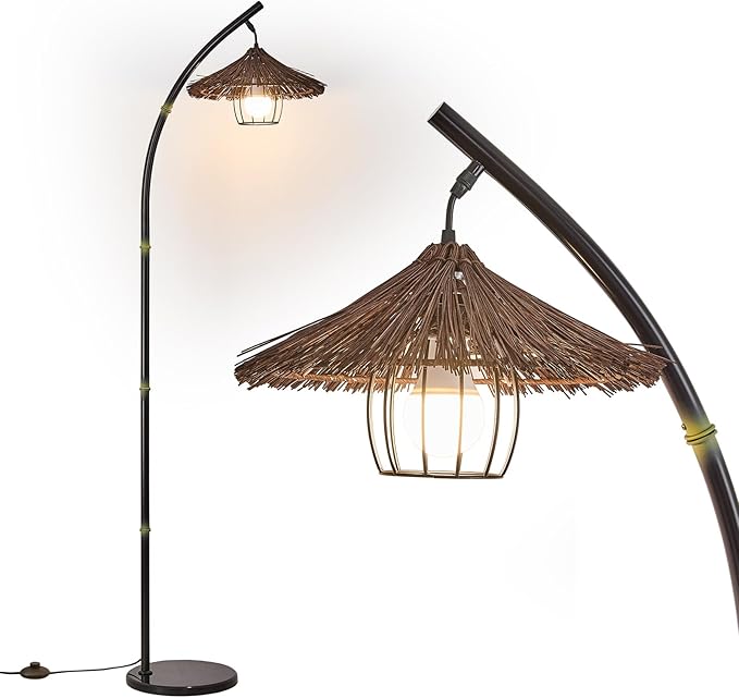 beaysyty Bamboo Floor lamp Mid Century Rattan Retro Floor lamp Bohemian,Arc Floor Lamps for Living Room Tall Reading Lamps Antique Rattan Style for Bedroom Dining Room Farmhouse Study (Purple)