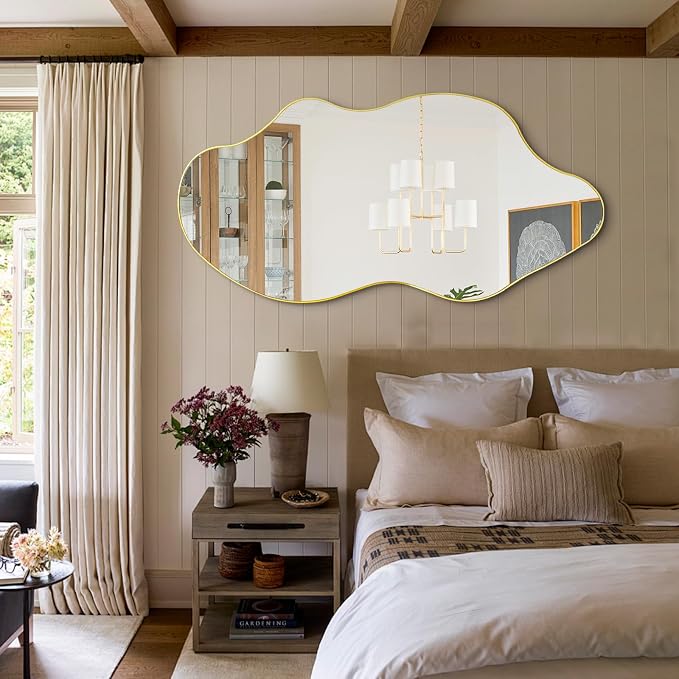 Gold Irregular Mirror, 52"x25.5" Large Asymmetrical Aesthetic Wall Mirror, Modern Abstract Frameless Mirrors for Living Room Bedroom Entryway Hallway, Hangs Vertically or Horizontally