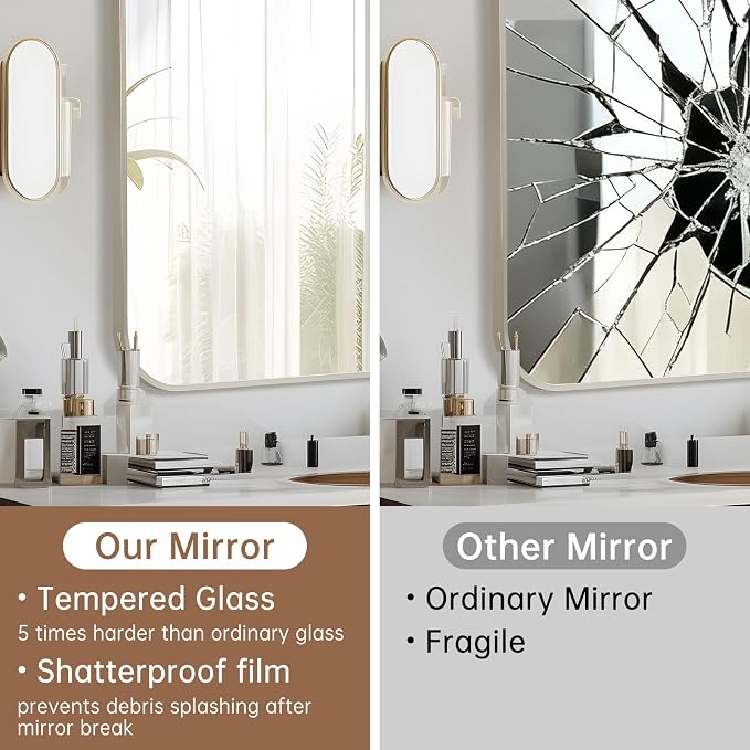Brushed Nickel Mirror, 22"x30" Rectangle Bathroom Mirror, Metal Frame Rectangle Corner Vanity Mirror, Wall Mounted Mirror for Modern, Living Room, Bedroom, Horizontal Or Vertical