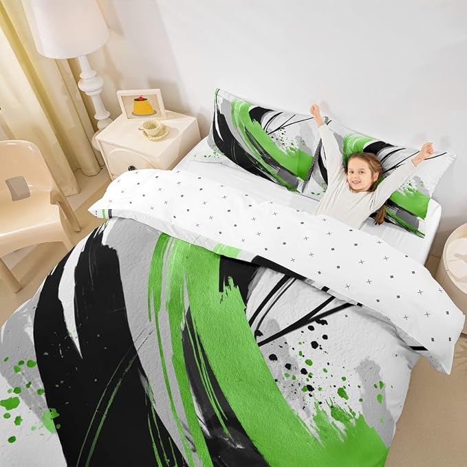 Erosebridal Black and Green Kids Bedding | Modern Geometric Striped Duvet Cover for Boys Girls Boho Contemporary Watercolor Graffiti Bed Set Minimalist Aesthetic Art Bed Cover King 3Pcs