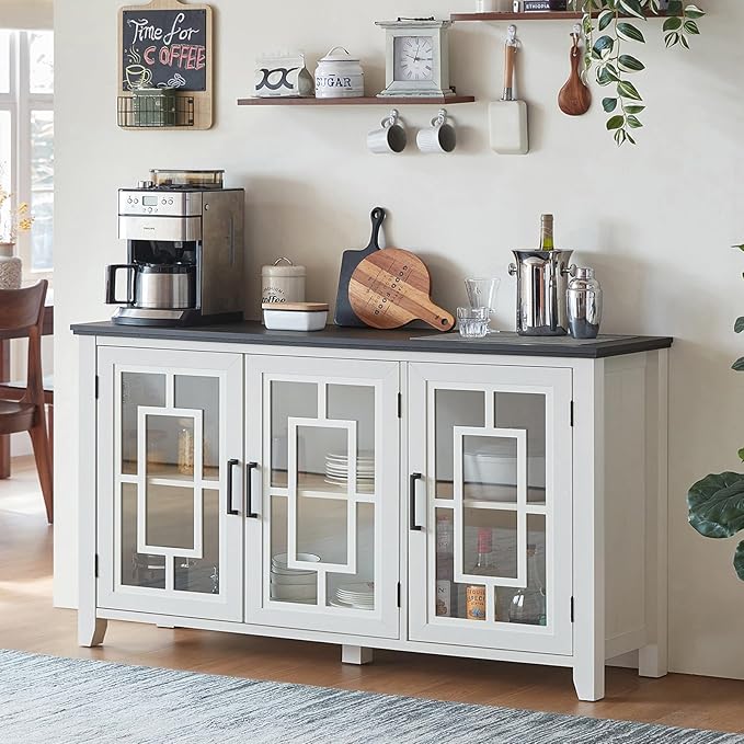 Large Sideboard Buffet Cabinet with Storage, 55" Farmhouse White Kitchen Coffee Wine Bar Cabinet with 3 Glass Doors, Wood Mid Century Modern Side Board Table for Dining Room, Living Room