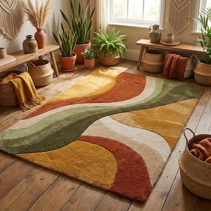 Retro Wave Area Rug, Multicolor Abstract Curved Stripes, Mustard Yellow Rust Orange Olive Green Cream, Modern Bohemian Style (6 * 9 feet)