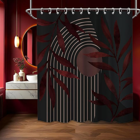 Boho Black and Dark Red Shower Curtain, Mid Century Modern Burgundy Shower Curtains for Bathroom, Waterproof Fabric Set with Hooks, 70" W x 72" L