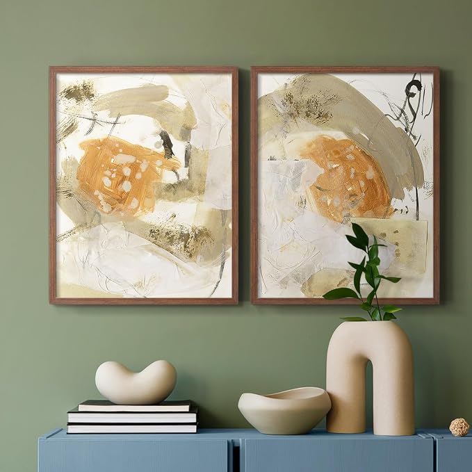 Renditions Gallery Set of 2 Peel & Stick Framed Prints, Neutral Abstract Wall Art, Earthy Tones Blended Brushstrokes Wall Decor, Re-Stickable - Ready to Hang - 8"x10" - Walnut Frame LT588