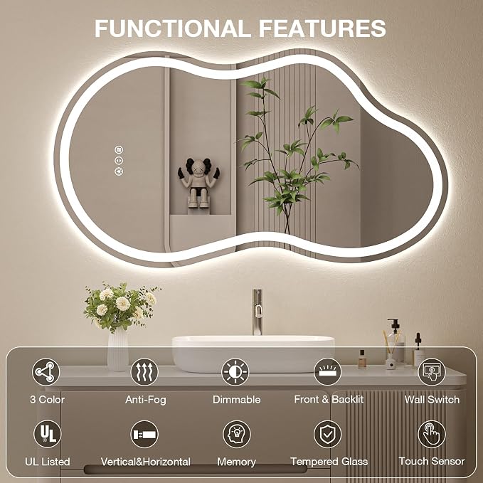 Cloud Shape Asymmetrical LED Vanity Mirror with Lights, 60"x32" Fogless Lighted Bathroom Mirror, 4mm Tempered Glass, Dimmable 3-Color & Memory Function, Wall Mounted (Horizontal/Vertical)