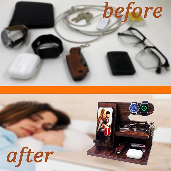 VEIYAILU Gifts for Men Women Brother Boss Boyfriend Him Nightstand Organizer Gifts for Dad from Daughter Son Wood Phone Docking Station (Dark Brown)