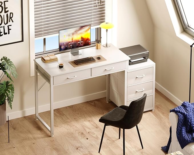 ODK Computer Desk with 5 Drawers, 53 Inch Office Desk with Printer Shelf, Reversible Vanity Desk for Home Bedroom, Writing Table Desk for Storage, White