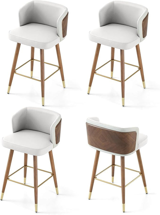 ARTPLAN Mid Century Modern Bar Stools Set of 4 for Counter Height - Leather Upholstered Seat with Walnut Wood Frame, Retro 34 Inch Bar Chairs for Home Kitchen Island, Bar, Breakfast Nook,White