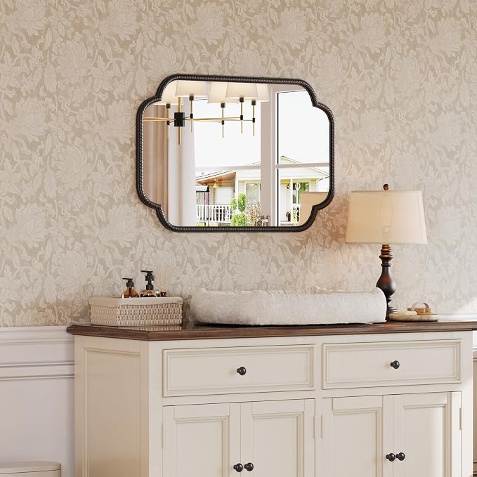 Vintage Black Wall Mirror - 24"x36" Large Black Bathroom Vanity Mirror with Rounded Corner Rope-Like Rectangle Metal Frame, Wall Decorative Mirrors for Living Room, Bedroom, Fireplace